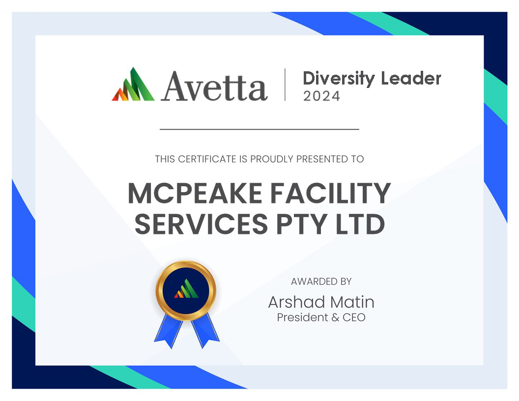 Avetta Diversity Leader 2024 certificate presented to McPeake Facility Services Pty Ltd