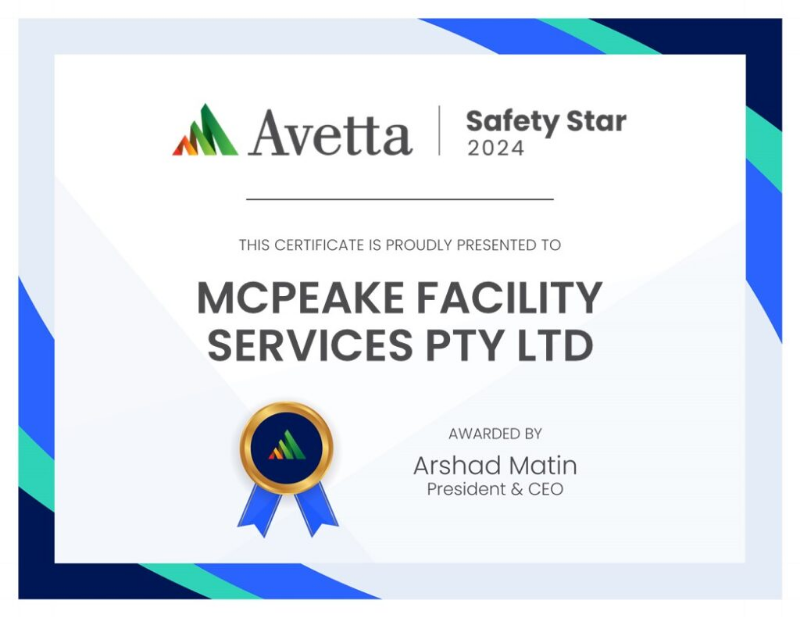 Avetta Safety Star 2024 certificate presented to McPeake Facility Services Pty Ltd