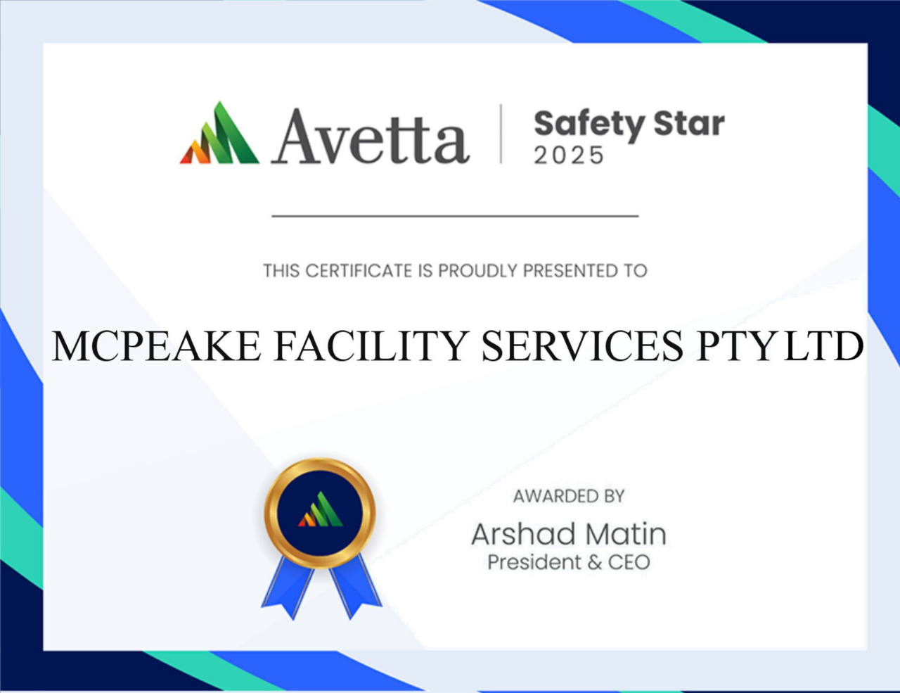 Avetta Safety Star 2025 certificate presented to McPeake Facility Services Pty Ltd