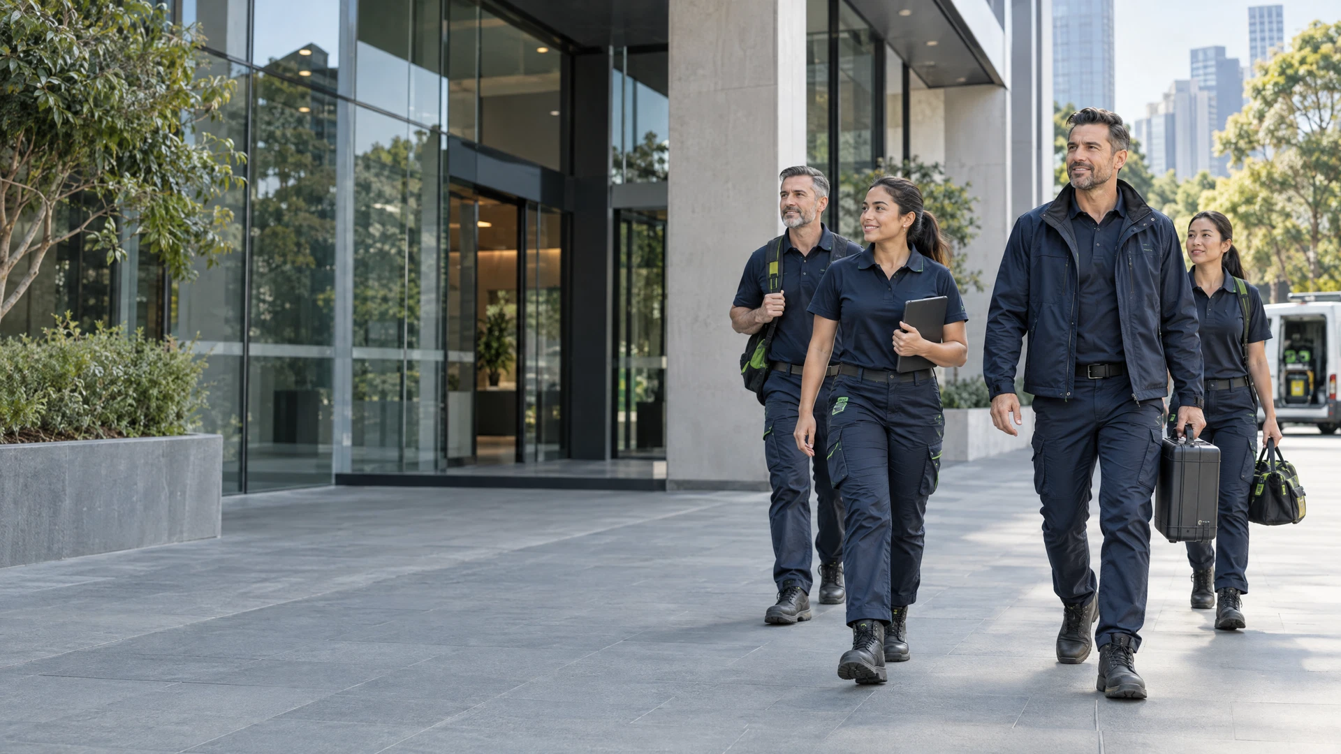 Building maintenance professionals arriving at a commercial property