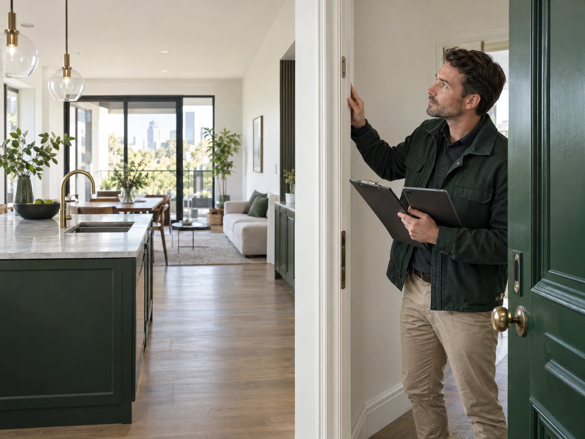 Property condition auditor inspecting a modern apartment